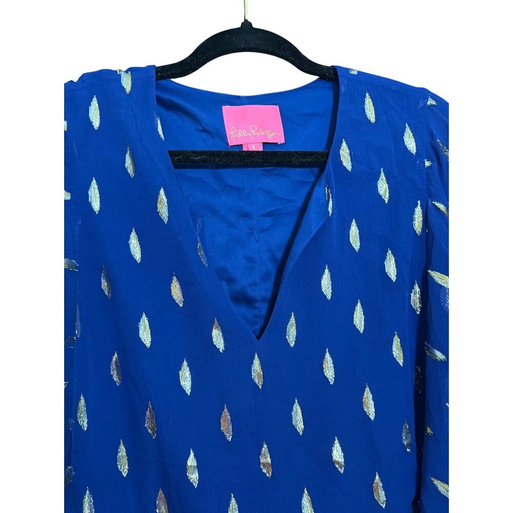 Lilly Pulitzer Shalynn Silk Caftan Dress Blue Gold Metallic Design Lined Sz 8 - Picture 4 of 6